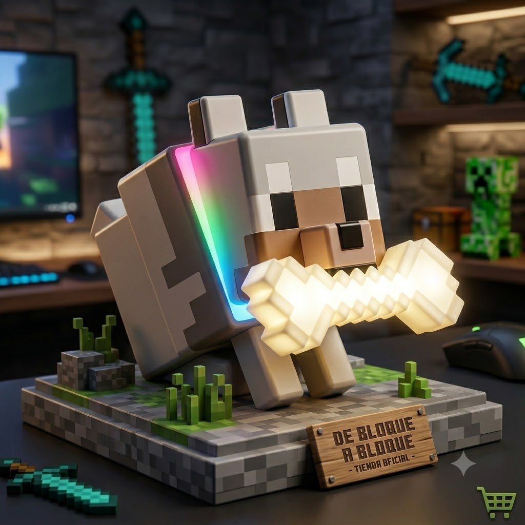 Lámpara Táctil Lobo de Minecraft: Glo Buddies con Collar Multicolor