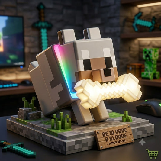 Lámpara Táctil Lobo de Minecraft: Glo Buddies con Collar Multicolor